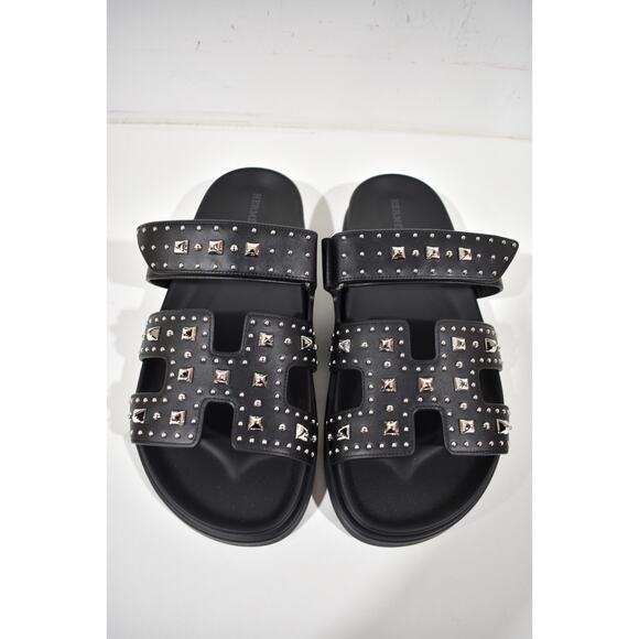 Hermes Chypre Sandal Black Studded Stud Punk Rock H Logo Strap Slide Flat 38 - Picture 7 of 16